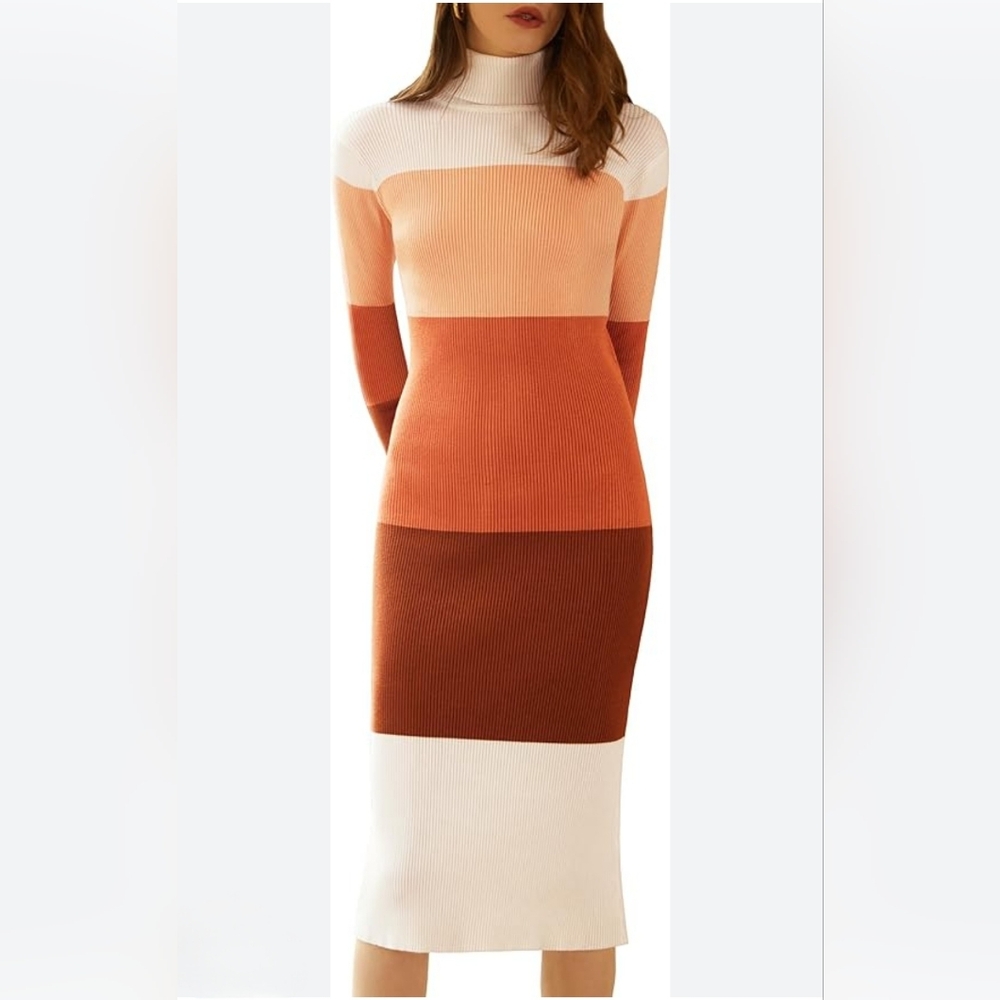 Rocorose Sweater Dress Midi Colorblock Stretch Bodycon Ribbed Knit Turtleneck M - Picture 2 of 15